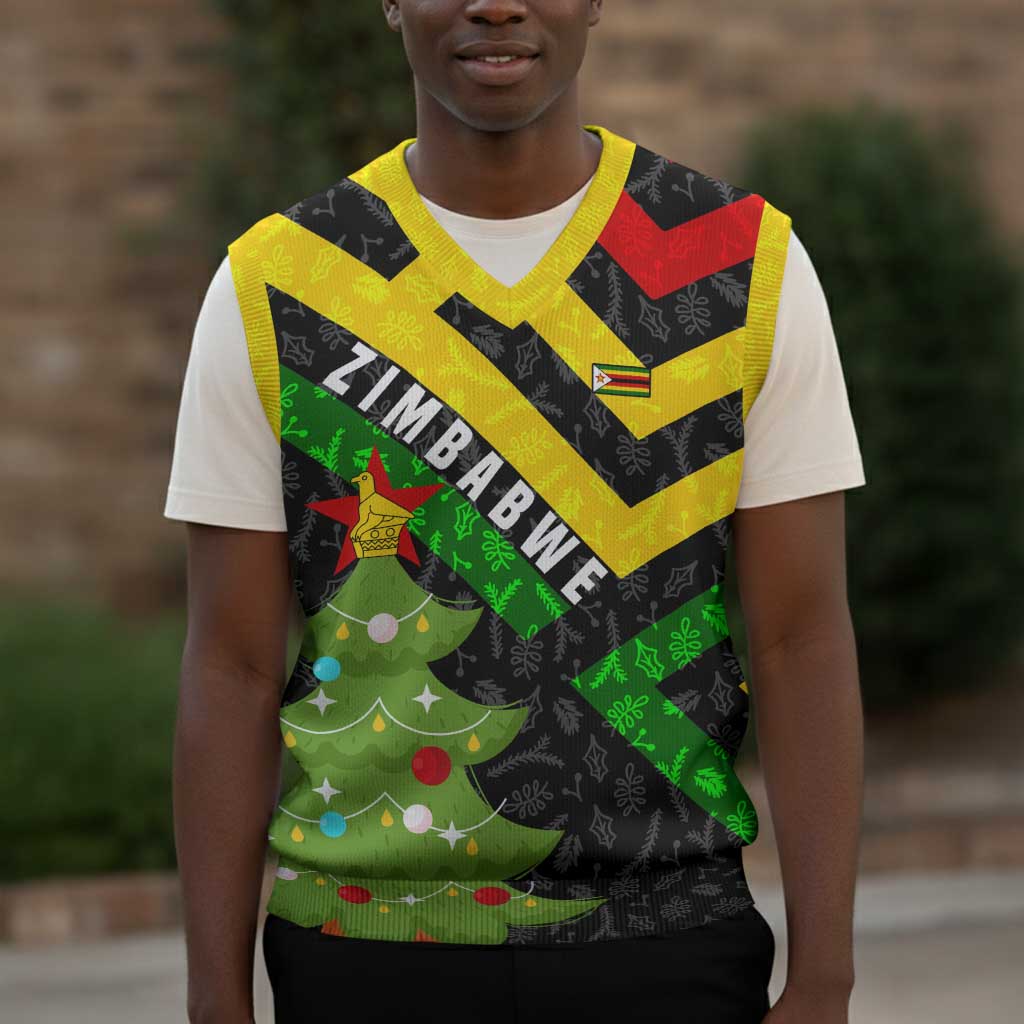 Zimbabwe Christmas Knitted V-Neck Vest Flag Colors Xmas Tree and Holiday - African Pride