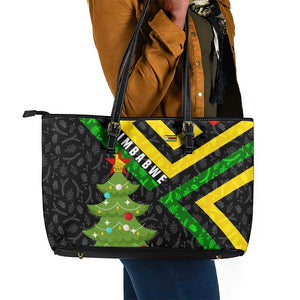 Zimbabwe Christmas Leather Tote Bag Flag Colors Xmas Tree and Holiday - African Pride