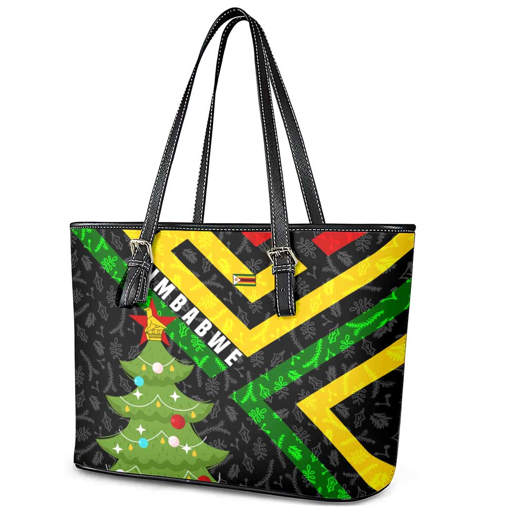 Zimbabwe Christmas Leather Tote Bag Flag Colors Xmas Tree and Holiday - African Pride