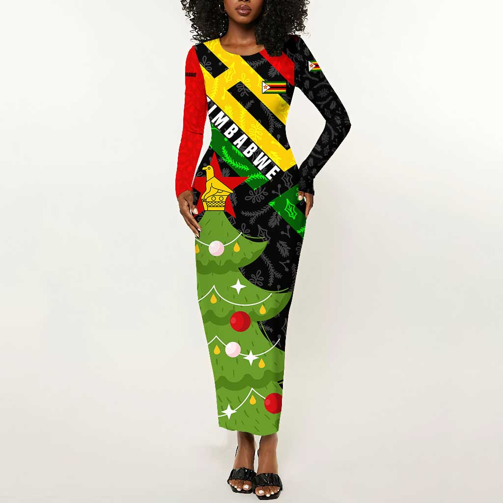 Zimbabwe Christmas Long Sleeve Bodycon Dress Flag Colors Xmas Tree and Holiday - African Pride