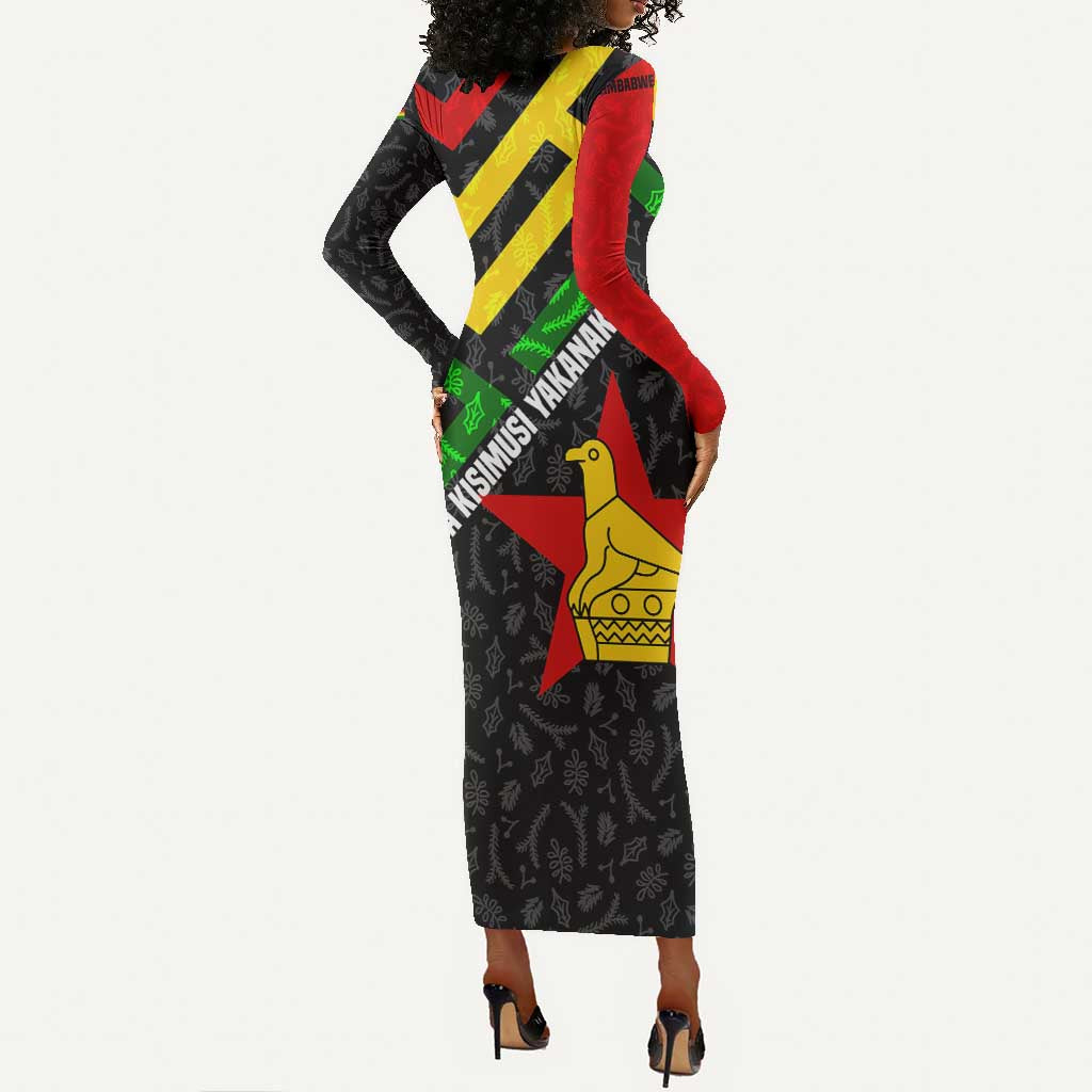 Zimbabwe Christmas Long Sleeve Bodycon Dress Flag Colors Xmas Tree and Holiday - African Pride