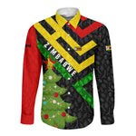 Zimbabwe Christmas Long Sleeve Button Shirt Flag Colors Xmas Tree and Holiday - African Pride
