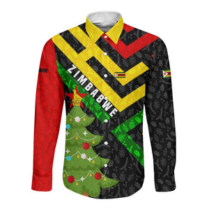 Zimbabwe Christmas Long Sleeve Button Shirt Flag Colors Xmas Tree and Holiday - African Pride