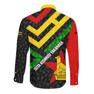 Zimbabwe Christmas Long Sleeve Button Shirt Flag Colors Xmas Tree and Holiday - African Pride