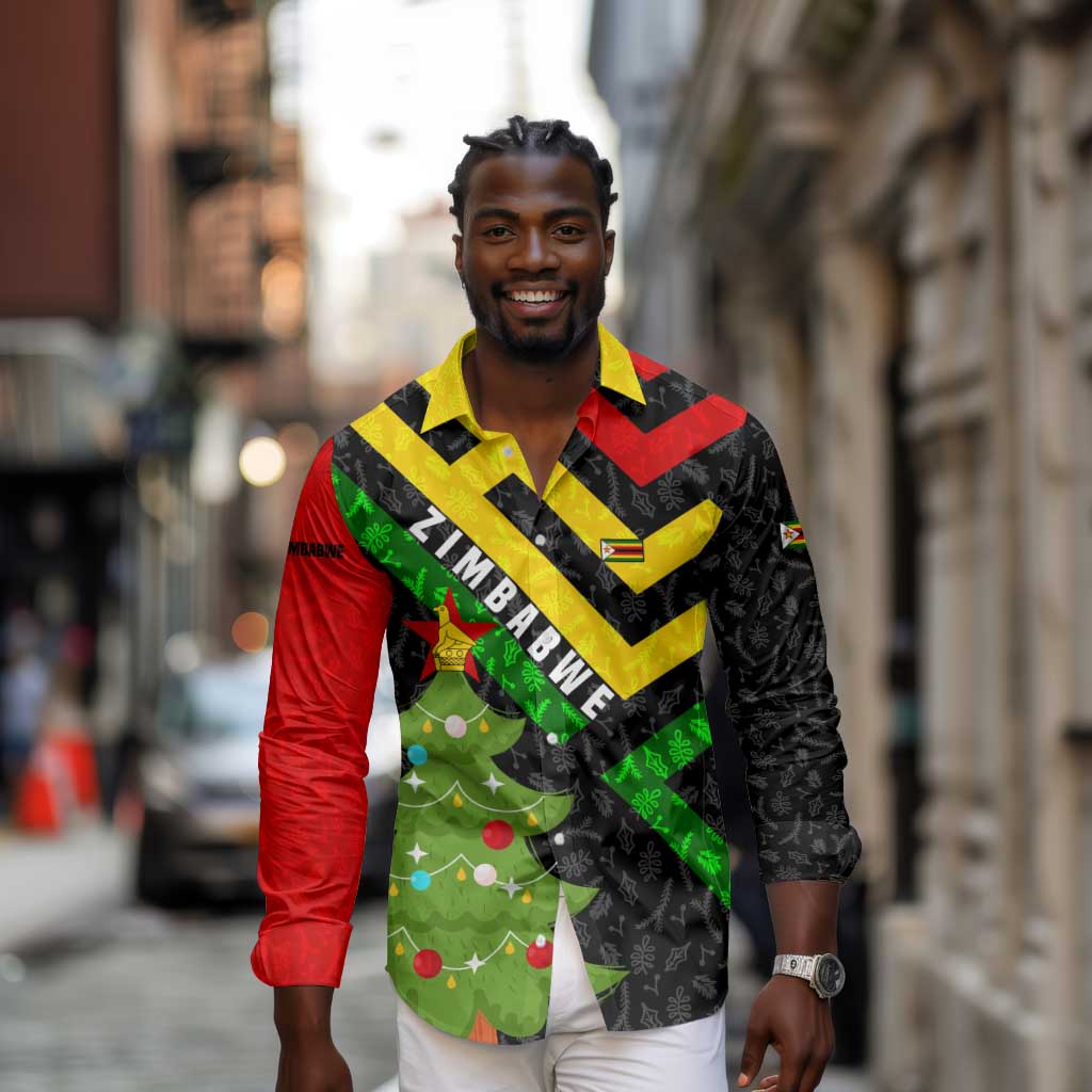 Zimbabwe Christmas Long Sleeve Button Shirt Flag Colors Xmas Tree and Holiday - African Pride