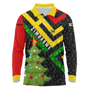 Zimbabwe Christmas Long Sleeve Polo Shirt Flag Colors Xmas Tree and Holiday - African Pride