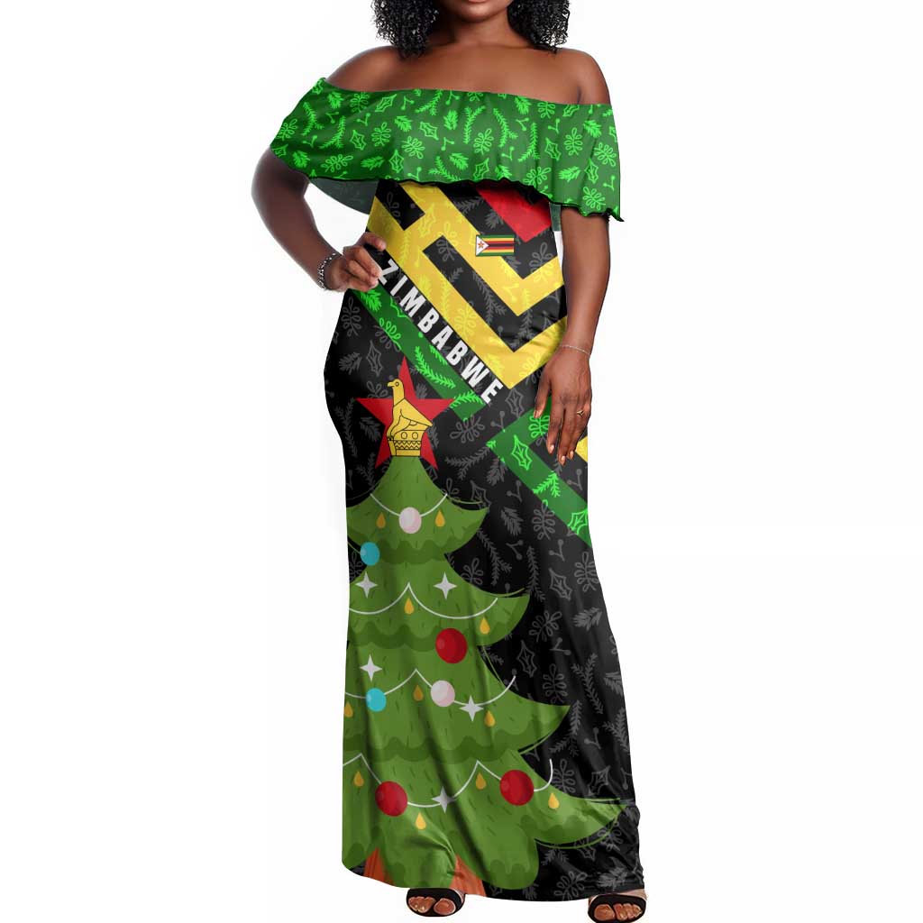 Zimbabwe Christmas Off Shoulder Maxi Dress Flag Colors Xmas Tree and Holiday - African Pride