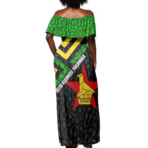 Zimbabwe Christmas Off Shoulder Maxi Dress Flag Colors Xmas Tree and Holiday - African Pride