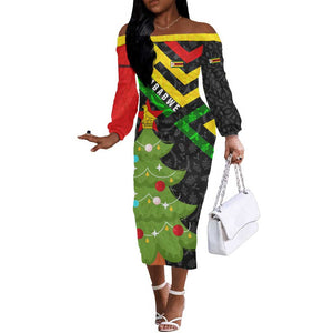 Zimbabwe Christmas Off The Shoulder Long Sleeve Dress Flag Colors Xmas Tree and Holiday - African Pride
