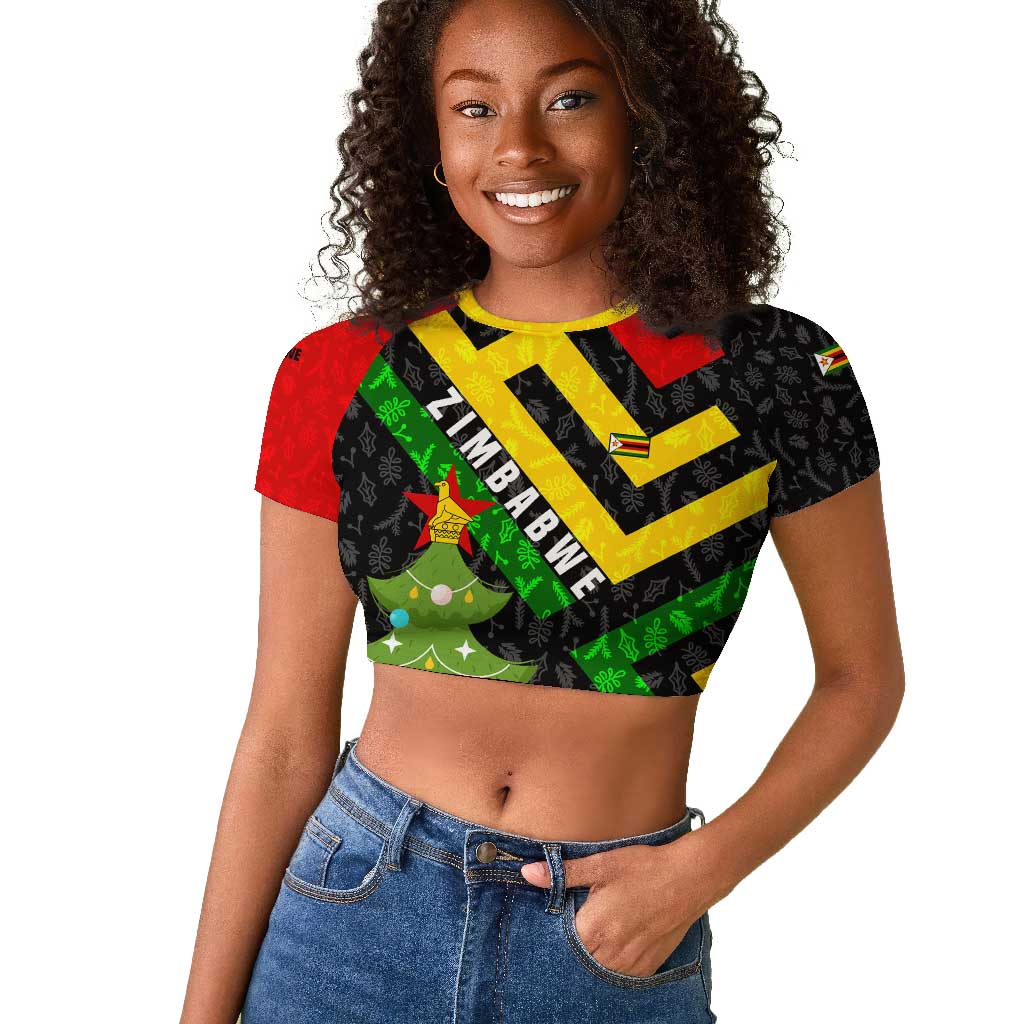 Zimbabwe Christmas Raglan Cropped T shirt Flag Colors Xmas Tree and Holiday - African Pride