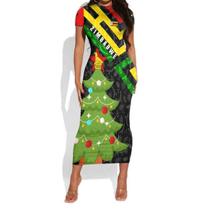 Zimbabwe Christmas Short Sleeve Bodycon Dress Flag Colors Xmas Tree and Holiday - African Pride