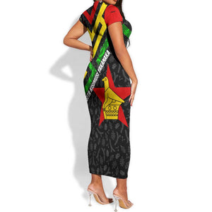 Zimbabwe Christmas Short Sleeve Bodycon Dress Flag Colors Xmas Tree and Holiday - African Pride