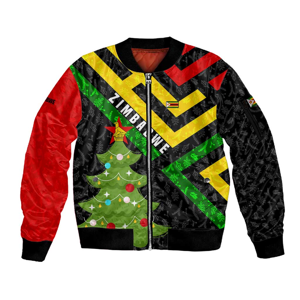 Zimbabwe Christmas Sleeve Zip Bomber Jacket Flag Colors Xmas Tree and Holiday - African Pride