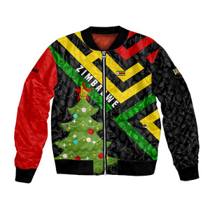 Zimbabwe Christmas Sleeve Zip Bomber Jacket Flag Colors Xmas Tree and Holiday - African Pride