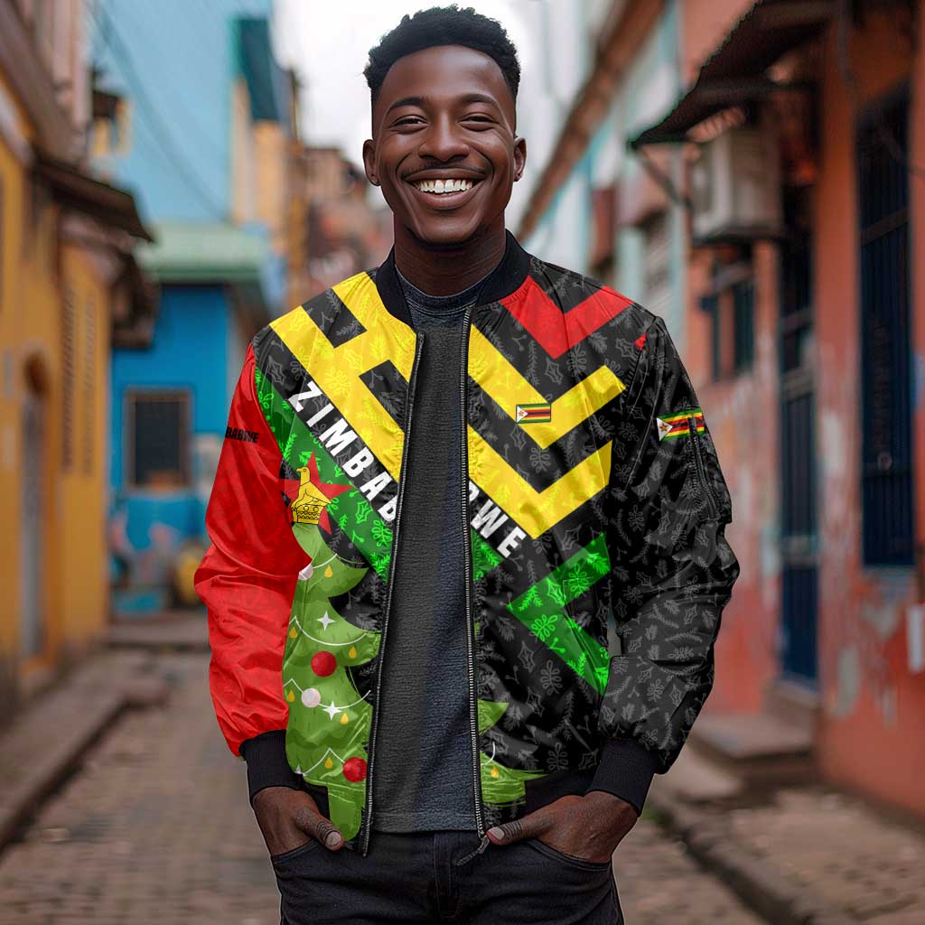 Zimbabwe Christmas Sleeve Zip Bomber Jacket Flag Colors Xmas Tree and Holiday - African Pride