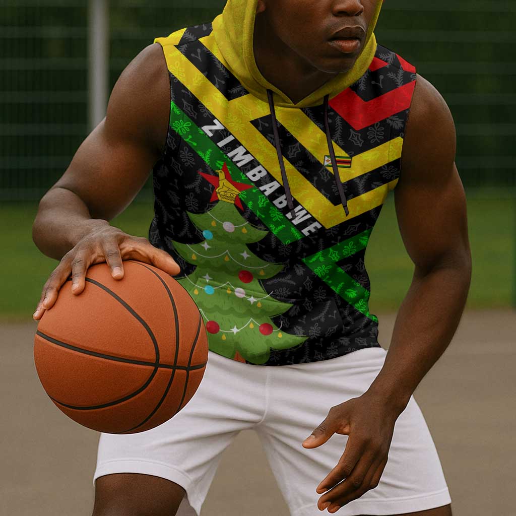 Zimbabwe Christmas Sleeveless Hoodie Flag Colors Xmas Tree and Holiday - African Pride