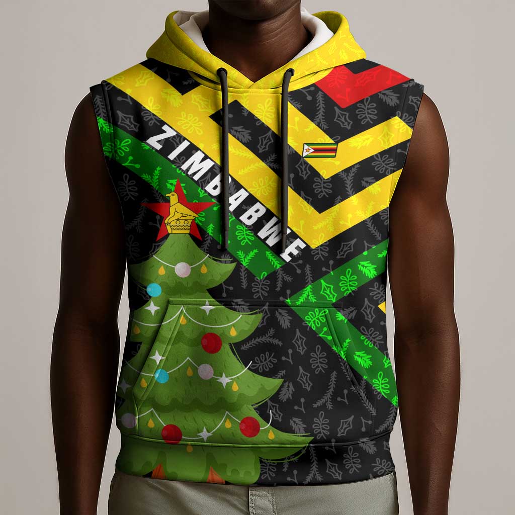 Zimbabwe Christmas Sleeveless Hoodie Flag Colors Xmas Tree and Holiday - African Pride