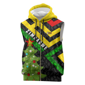 Zimbabwe Christmas Sleeveless Zip Hoodie Flag Colors Xmas Tree and Holiday - African Pride