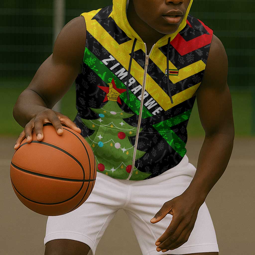 Zimbabwe Christmas Sleeveless Zip Hoodie Flag Colors Xmas Tree and Holiday - African Pride