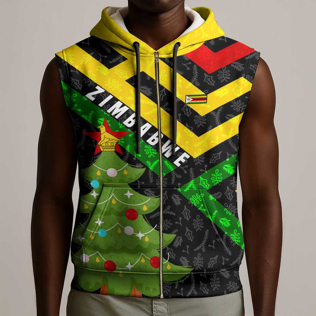 Zimbabwe Christmas Sleeveless Zip Hoodie Flag Colors Xmas Tree and Holiday - African Pride