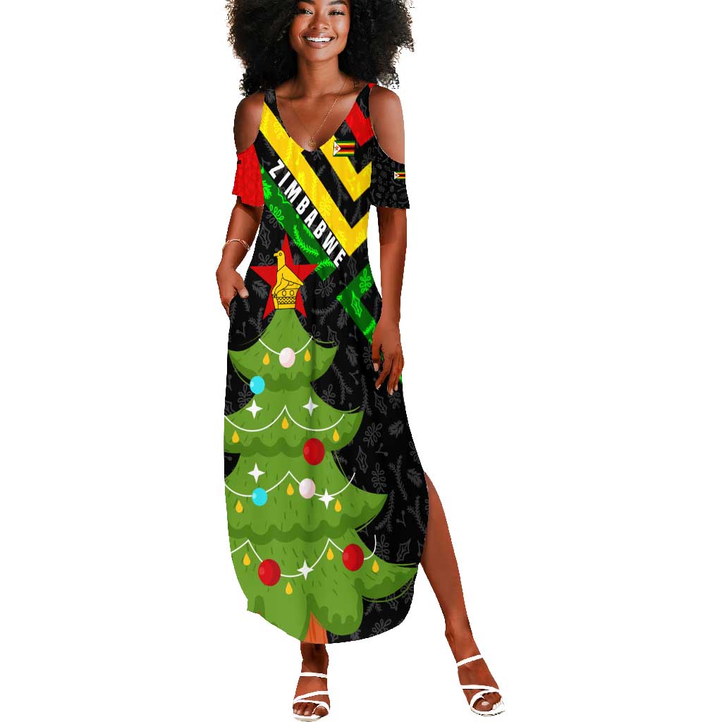 Zimbabwe Christmas Summer Maxi Dress Flag Colors Xmas Tree and Holiday - African Pride