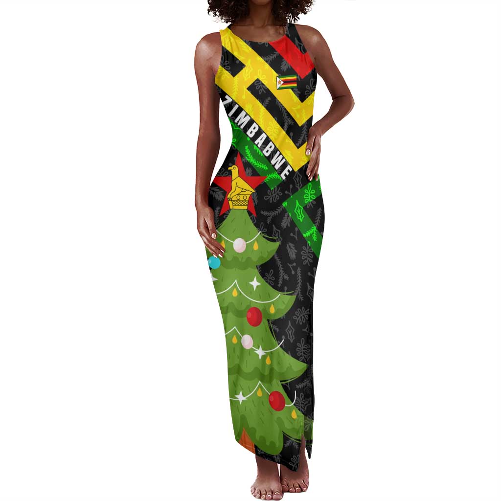 Zimbabwe Christmas Tank Maxi Dress Flag Colors Xmas Tree and Holiday - African Pride
