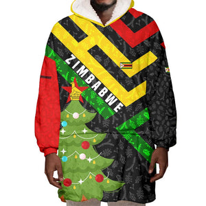 Zimbabwe Christmas Wearable Blanket Hoodie Flag Colors Xmas Tree and Holiday - African Pride