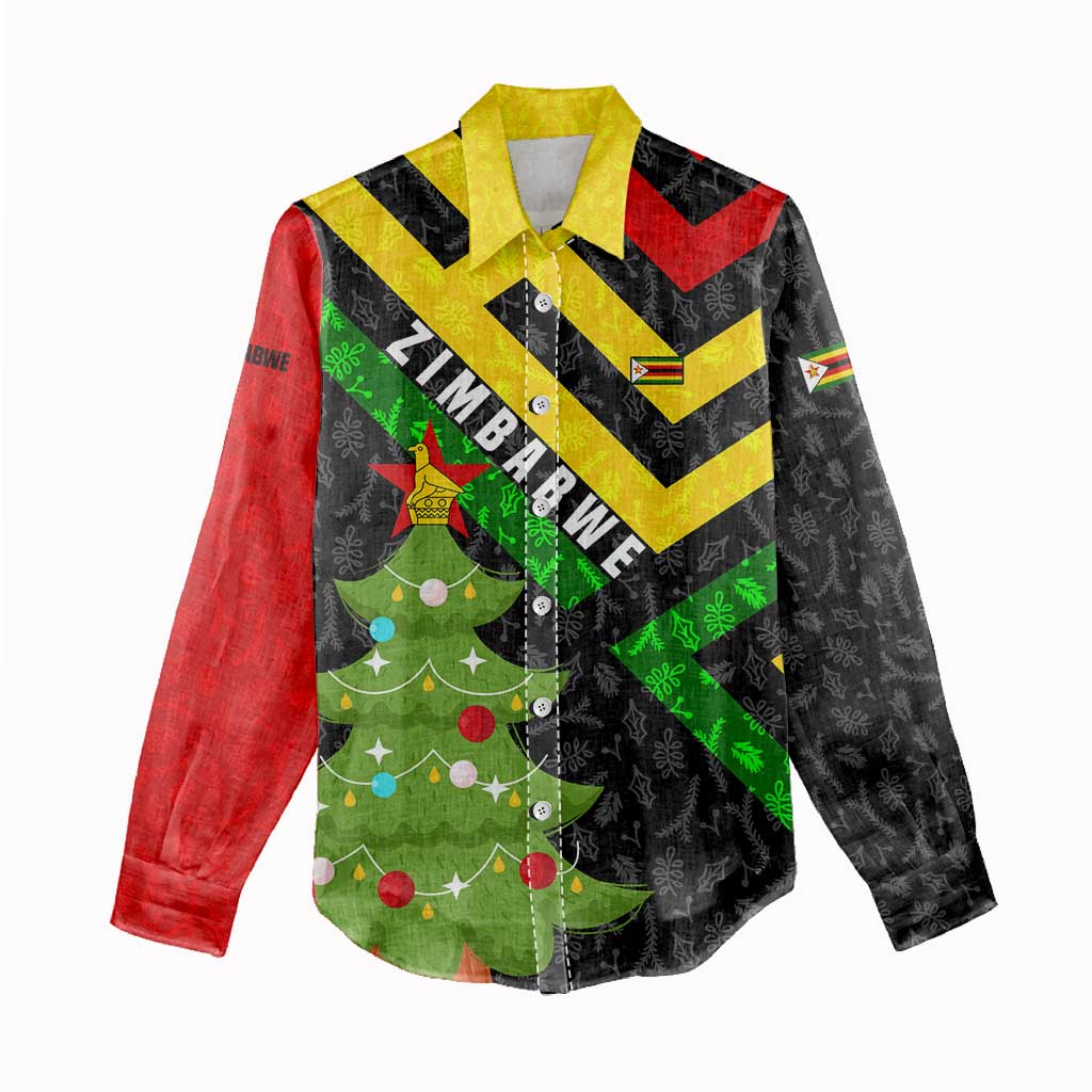 Zimbabwe Christmas Women Casual Shirt Flag Colors Xmas Tree and Holiday - African Pride