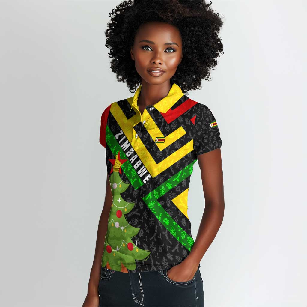 Zimbabwe Christmas Women Polo Shirt Flag Colors Xmas Tree and Holiday - African Pride