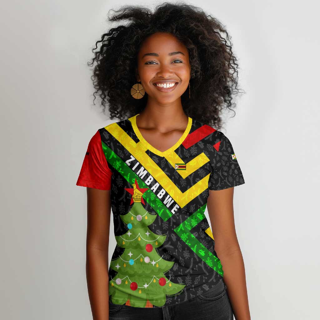 Zimbabwe Christmas Women V-Neck T-Shirt Flag Colors Xmas Tree and Holiday - African Pride