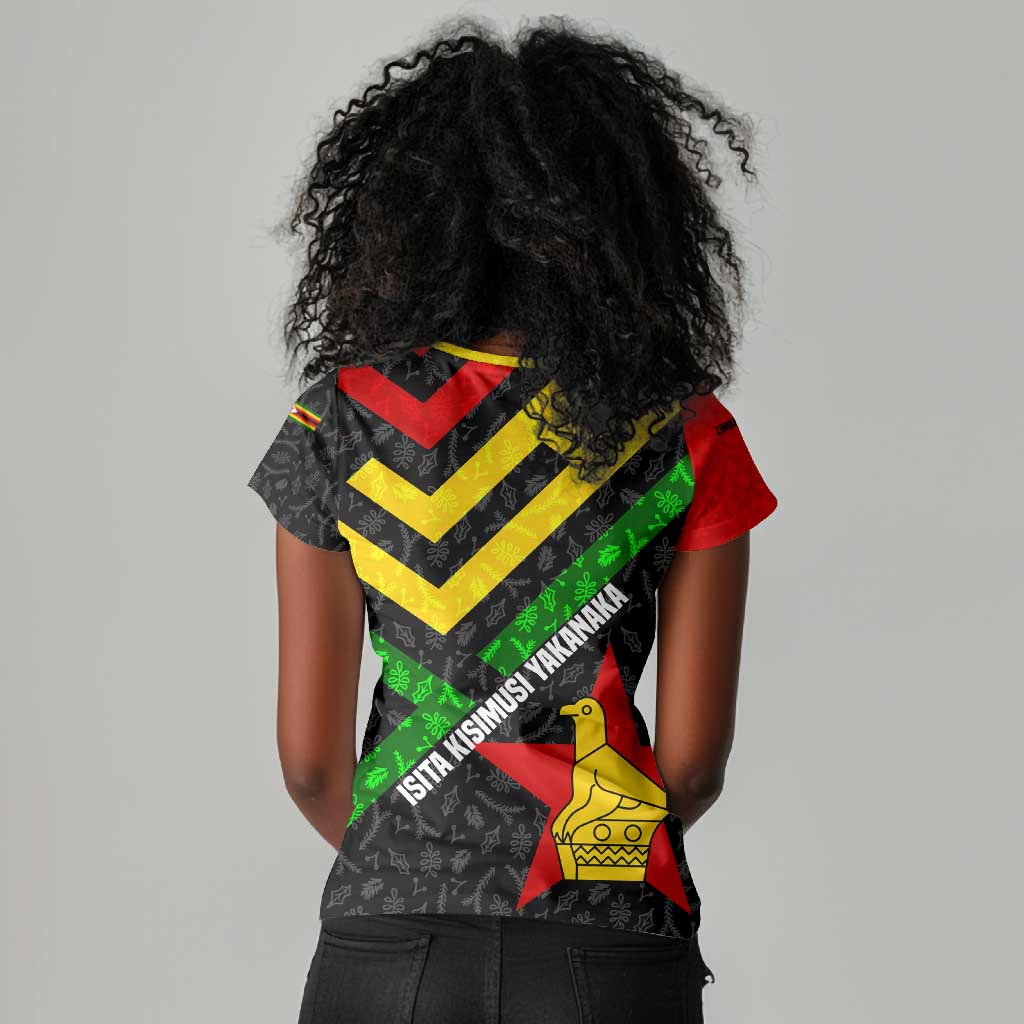 Zimbabwe Christmas Women V-Neck T-Shirt Flag Colors Xmas Tree and Holiday - African Pride