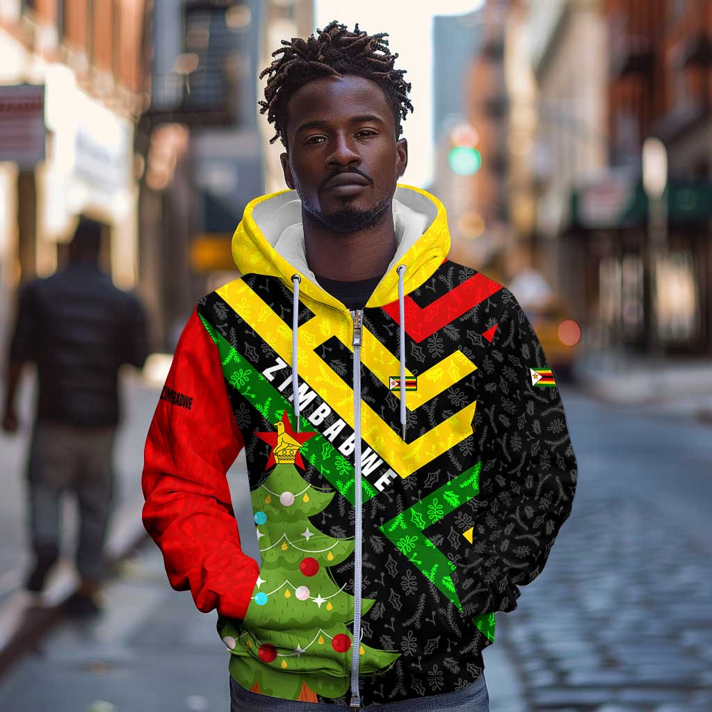 Zimbabwe Christmas Zip Hoodie Flag Colors Xmas Tree and Holiday - African Pride