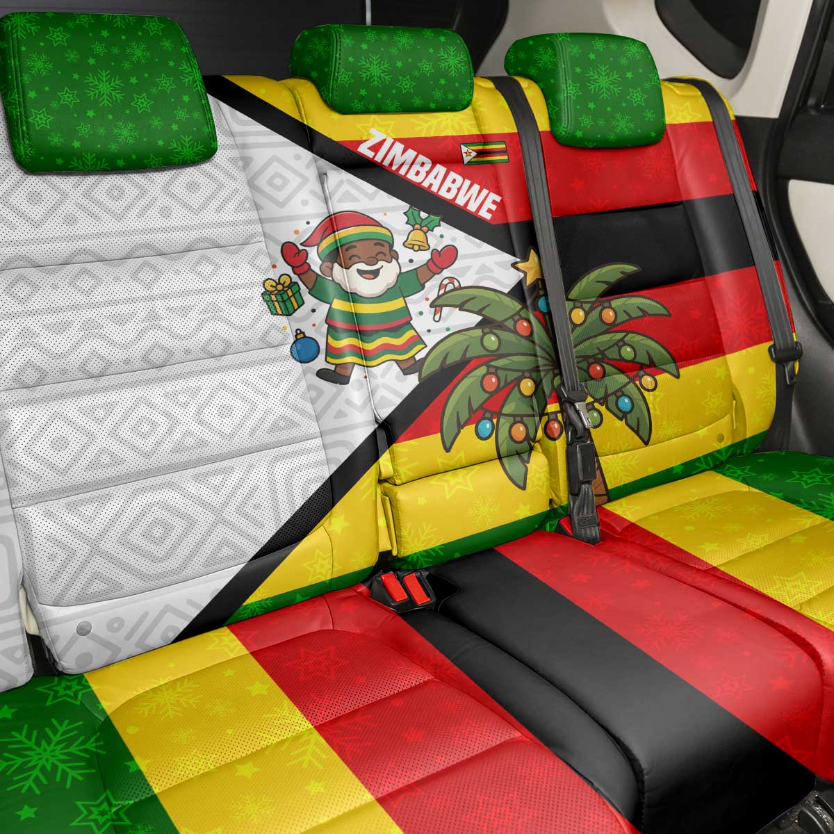 Zimbabwe Christmas Back Car Seat Cover Festive Santa Palm Tree and Red Yellow Green Flag - African Pride