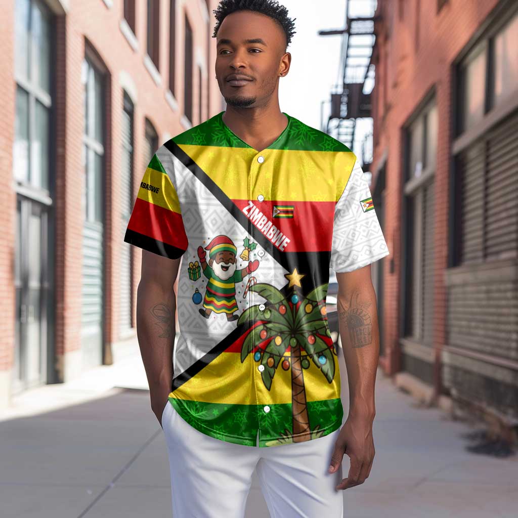Zimbabwe Christmas Baseball Jersey Festive Santa Palm Tree and Red Yellow Green Flag - African Pride