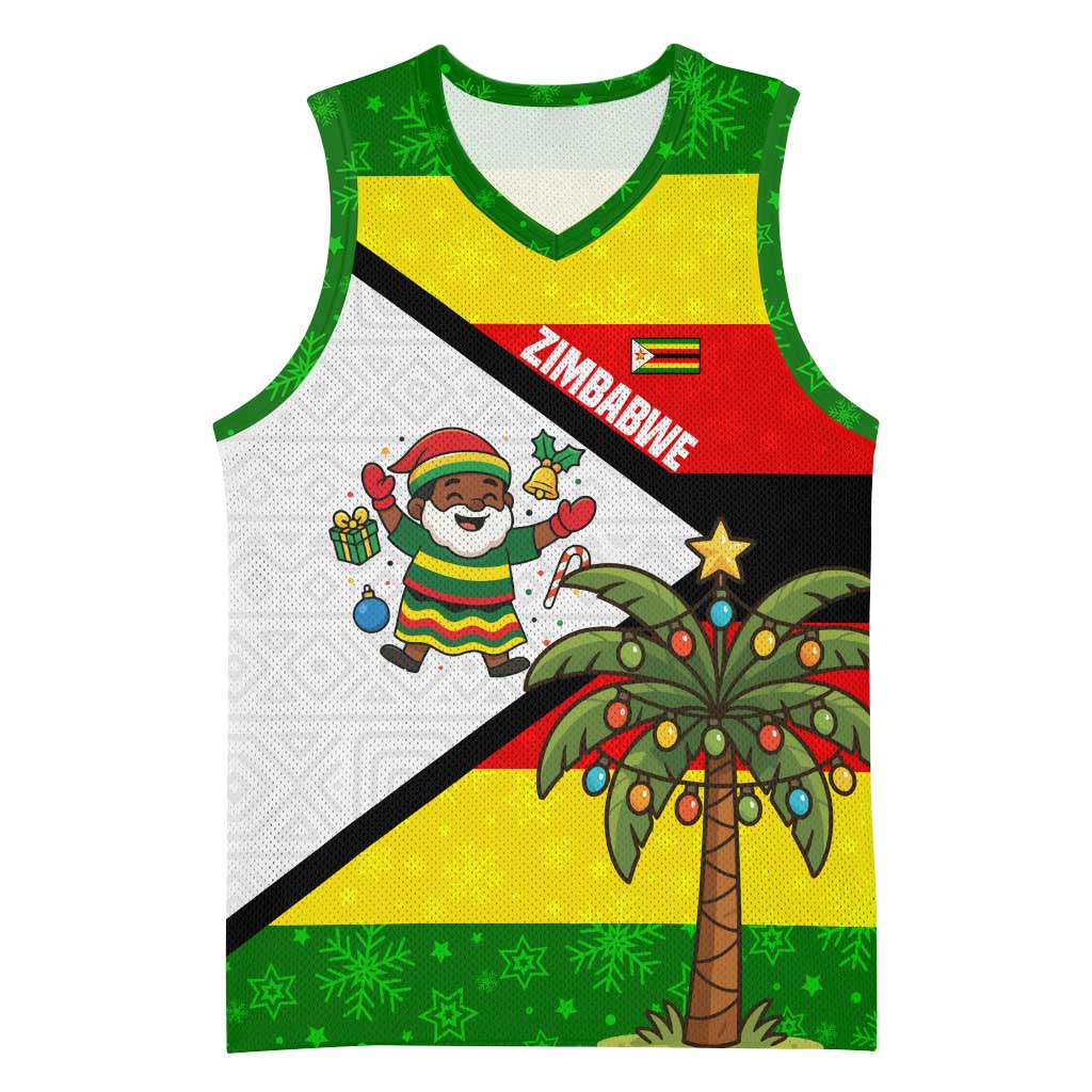 Zimbabwe Christmas Basketball Jersey Festive Santa Palm Tree and Red Yellow Green Flag - African Pride