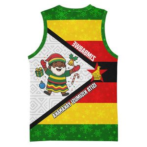 Zimbabwe Christmas Basketball Jersey Festive Santa Palm Tree and Red Yellow Green Flag - African Pride