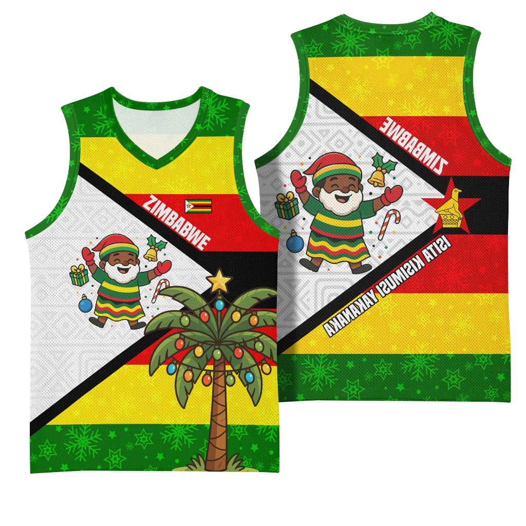 Zimbabwe Christmas Basketball Jersey Festive Santa Palm Tree and Red Yellow Green Flag - African Pride