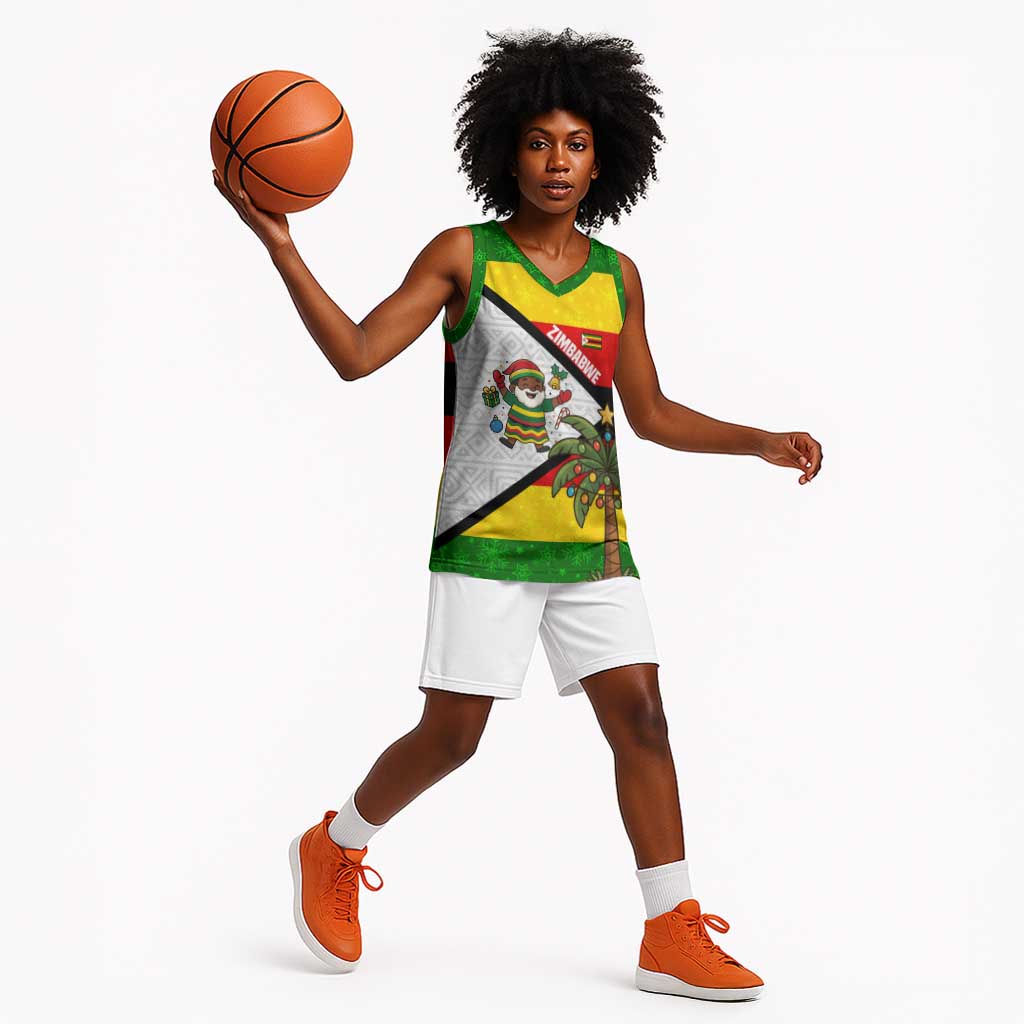 Zimbabwe Christmas Basketball Jersey Festive Santa Palm Tree and Red Yellow Green Flag - African Pride