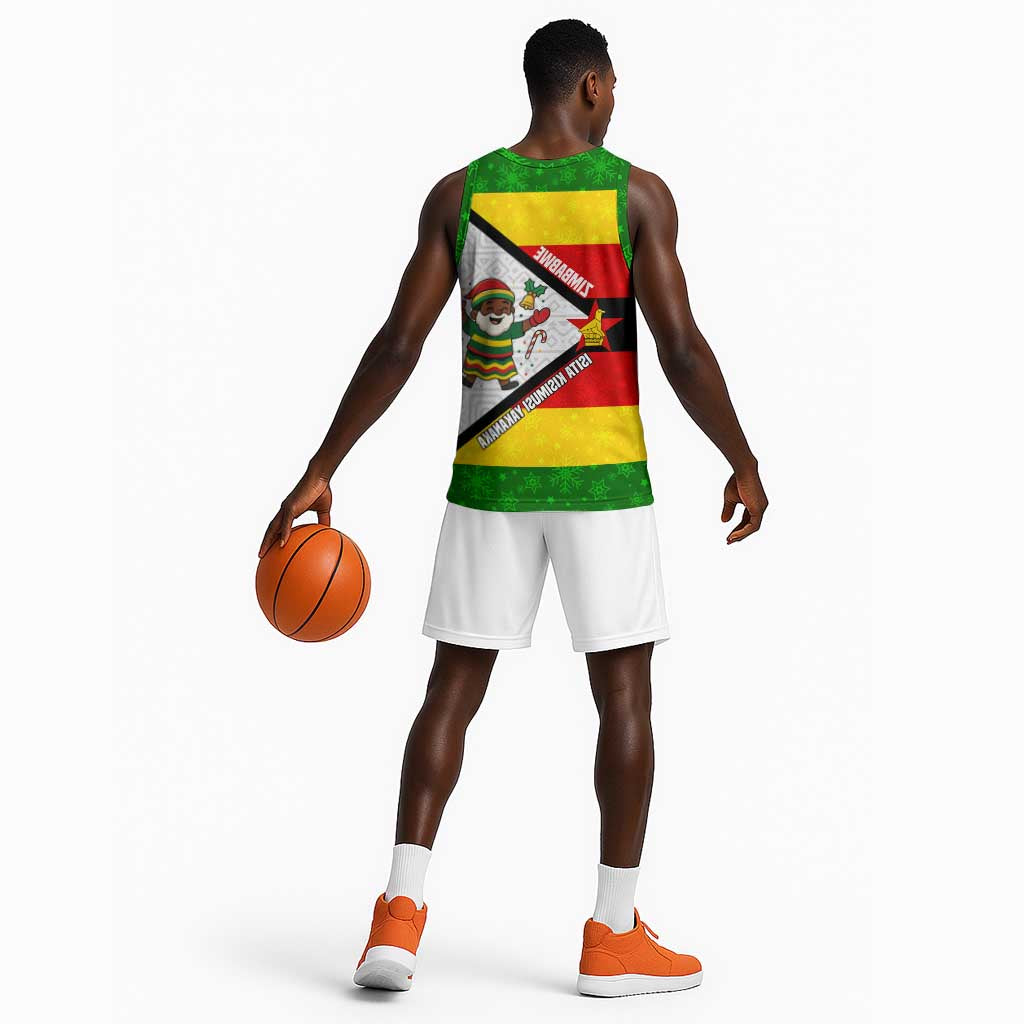 Zimbabwe Christmas Basketball Jersey Festive Santa Palm Tree and Red Yellow Green Flag - African Pride