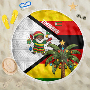Zimbabwe Christmas Beach Blanket Festive Santa Palm Tree and Red Yellow Green Flag - African Pride