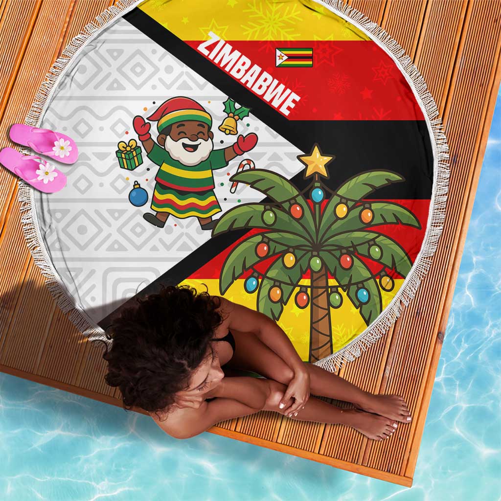 Zimbabwe Christmas Beach Blanket Festive Santa Palm Tree and Red Yellow Green Flag - African Pride