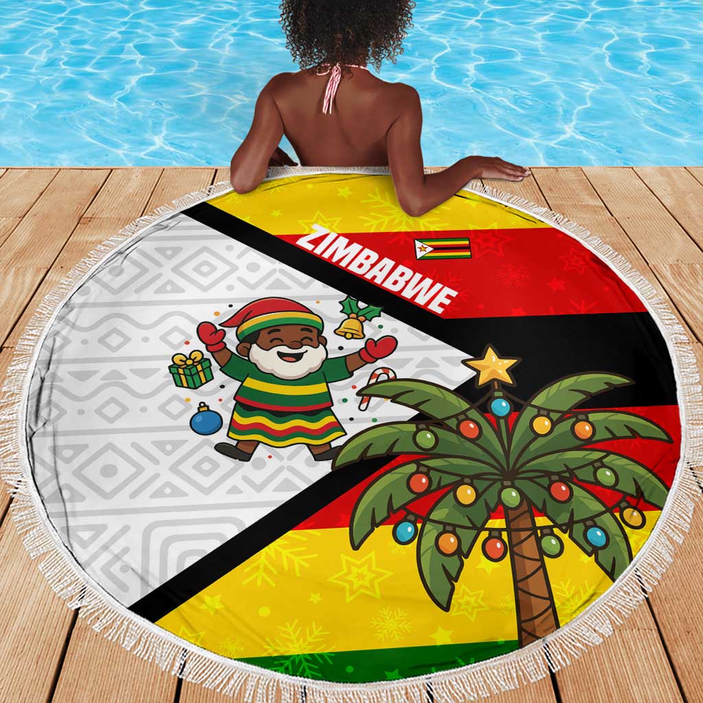 Zimbabwe Christmas Beach Blanket Festive Santa Palm Tree and Red Yellow Green Flag - African Pride