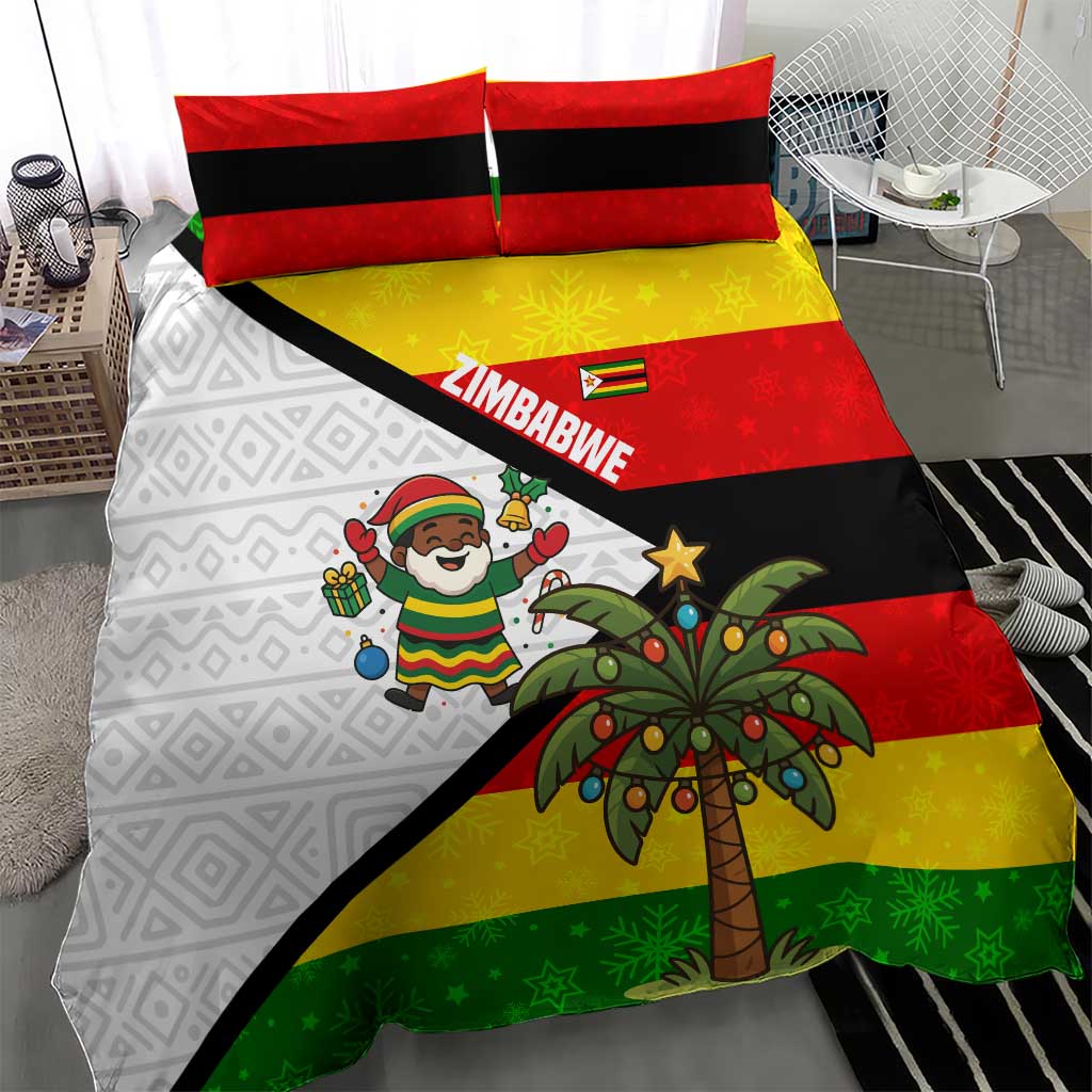 Zimbabwe Christmas Bedding Set Festive Santa Palm Tree and Red Yellow Green Flag - African Pride