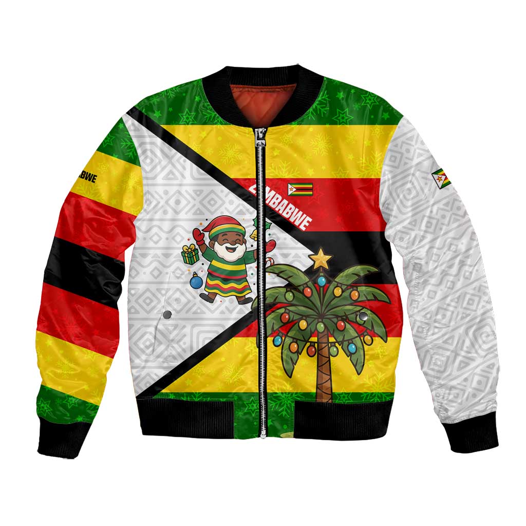 Zimbabwe Christmas Bomber Jacket Festive Santa Palm Tree and Red Yellow Green Flag - African Pride