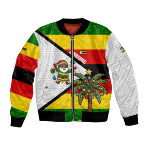 Zimbabwe Christmas Bomber Jacket Festive Santa Palm Tree and Red Yellow Green Flag - African Pride