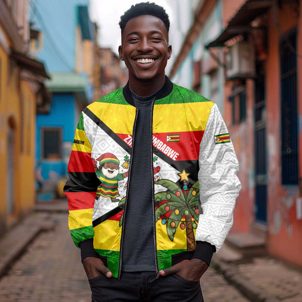 Zimbabwe Christmas Bomber Jacket Festive Santa Palm Tree and Red Yellow Green Flag - African Pride