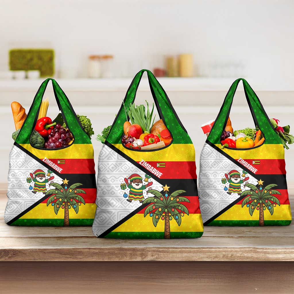 Zimbabwe Christmas Grocery Bag Festive Santa Palm Tree and Red Yellow Green Flag - African Pride