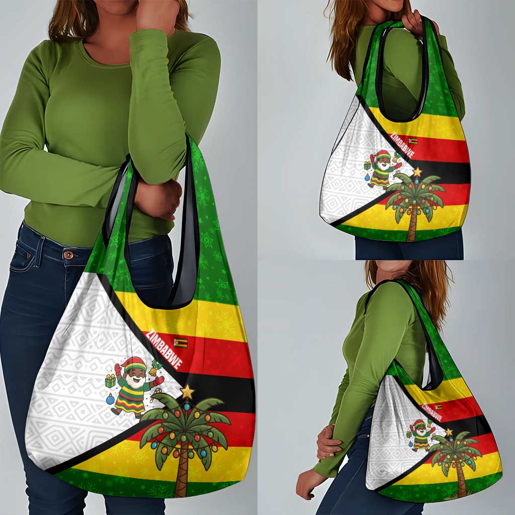 Zimbabwe Christmas Grocery Bag Festive Santa Palm Tree and Red Yellow Green Flag - African Pride