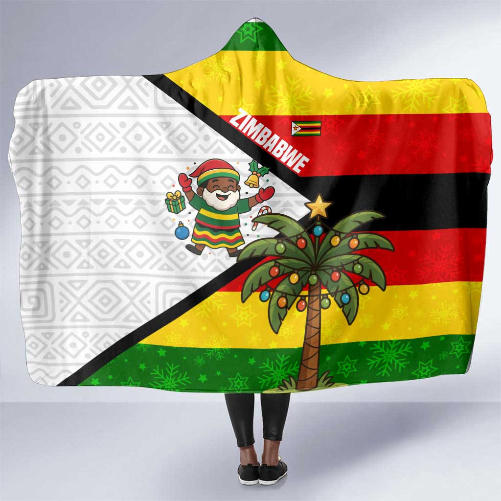 Zimbabwe Christmas Hooded Blanket Festive Santa Palm Tree and Red Yellow Green Flag - African Pride
