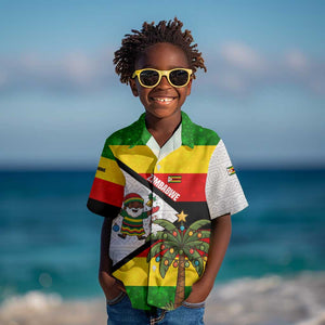 Zimbabwe Christmas Kid Hawaiian Shirt Festive Santa Palm Tree and Red Yellow Green Flag - African Pride